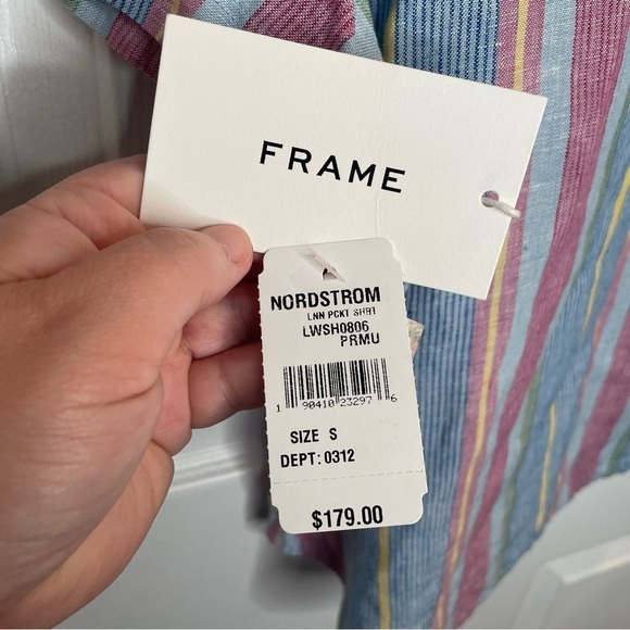 Frame Stripe High/Low Linen Shirt In Purple Multi S - Picture 14 of 16